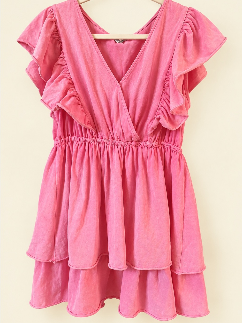 white birch Hot Pink Ruffle Tiered V-Neck Dress